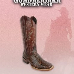 Reywelt Leather Tooled Print Square Toe Tall Cowgirl Boots