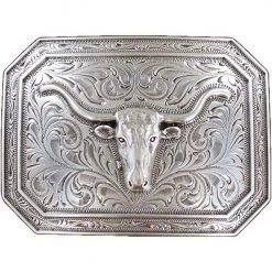 Guadalajara Western Wear Ariat Men's Longhorn Motif Rectangle Buckle, Silver, OS
