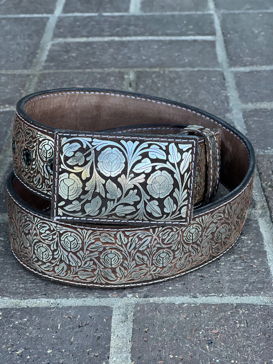 Guadalajara Western Wear Men Floreado Lazer Cut Leather Belt - Cafe (Brown) / Plata (Silver) 5 Guadalajara Western Wear Men Floreado Lazer Cut Leather Belt - Cafe (Brown) / Plata (Silver)