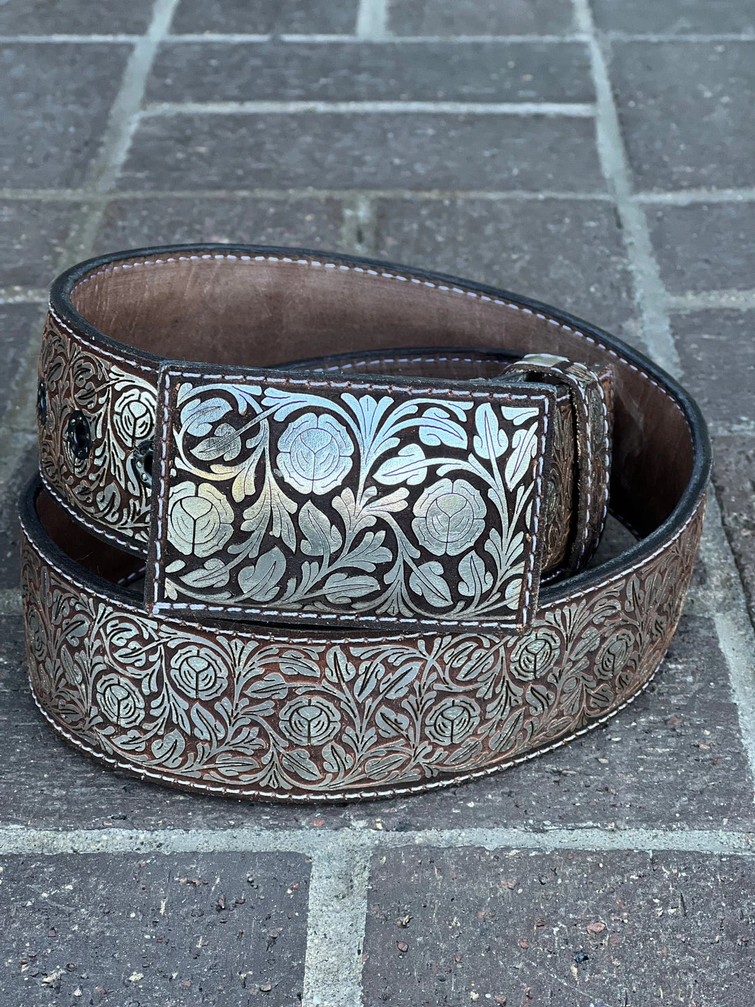 Guadalajara Western Wear Men Floreado Lazer Cut Leather Belt - Cafe (Brown) / Plata (Silver) 3 Guadalajara Western Wear Men Floreado Lazer Cut Leather Belt - Cafe (Brown) / Plata (Silver)