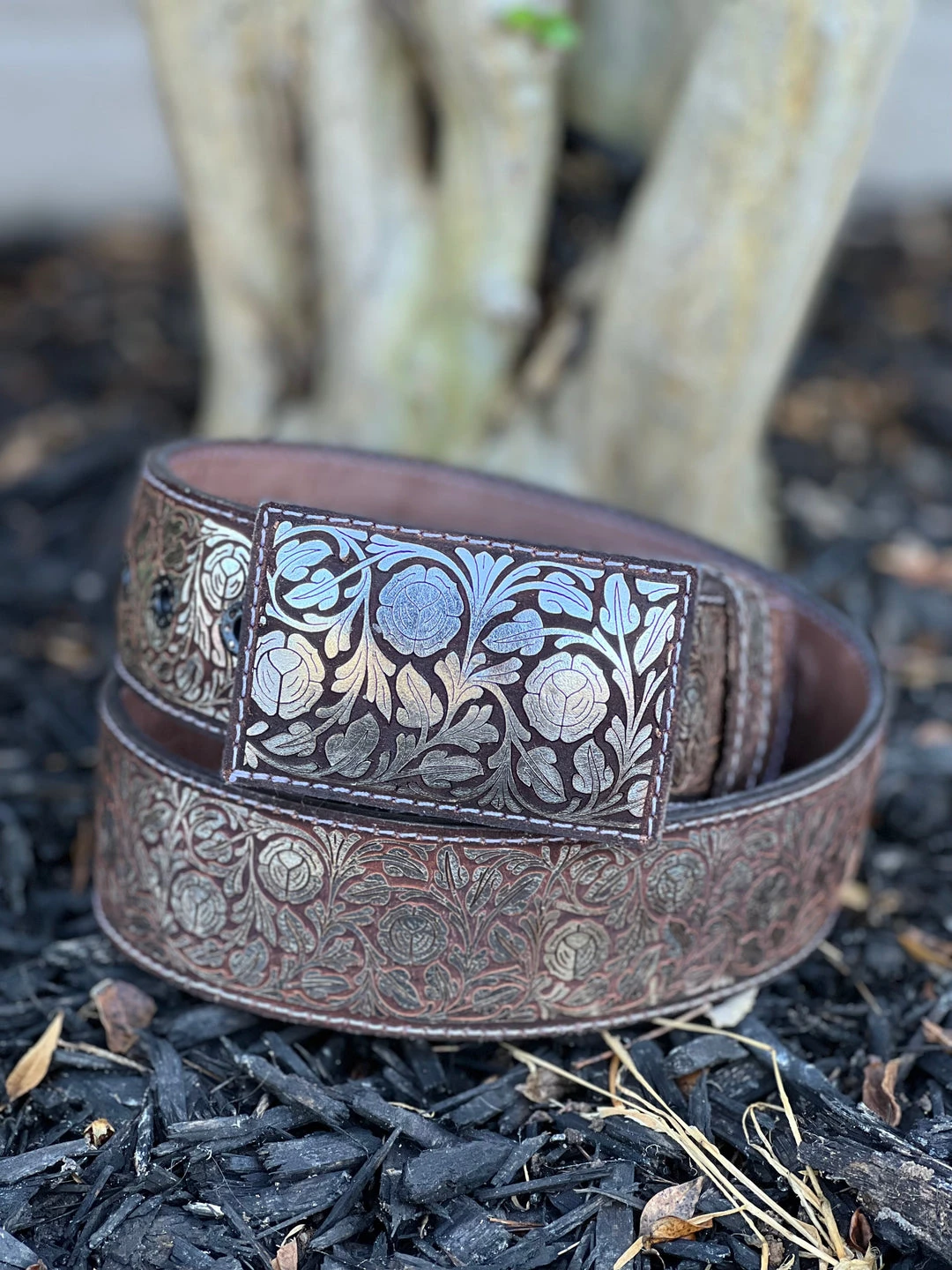 Guadalajara Western Wear Men Floreado Lazer Cut Leather Belt - Cafe (Brown) / Plata (Silver) 4 Guadalajara Western Wear Men Floreado Lazer Cut Leather Belt - Cafe (Brown) / Plata (Silver)