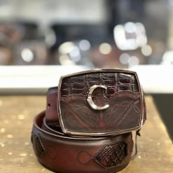 Guadalajara Western Wear Cuadra Black Cherry Modern Caiman Leather Belt Men