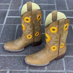 Reywelt Women Sunflower Floral Square Toe Cowgirl Boots