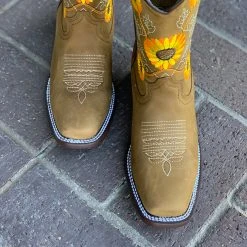 Reywelt Women Sunflower Floral Square Toe Cowgirl Boots