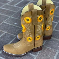 Reywelt Women Sunflower Floral Square Toe Cowgirl Boots