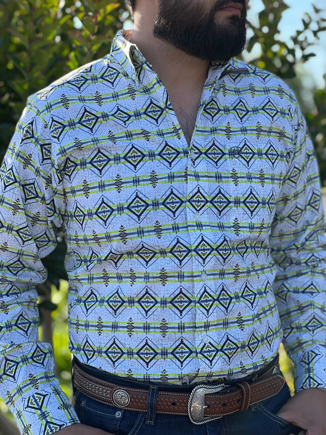 Guadalajara Western Wear Men Ariat Archer Green/White Logo Sleeve Fitted Shirt 3 Guadalajara Western Wear Men Ariat Archer Green/White Logo Sleeve Fitted Shirt