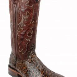 Reywelt Leather Tooled Print Square Toe Tall Cowgirl Boots