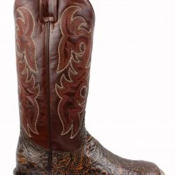 Reywelt Leather Tooled Print Square Toe Tall Cowgirl Boots