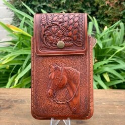 Guadalajara Western Wear Tombstone Honey Leather Tooled Horse Cell Phone Case