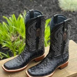 Ariat Tanner Mark Black Ostrich Print Wide Square Toe Cowboy Boot Men
