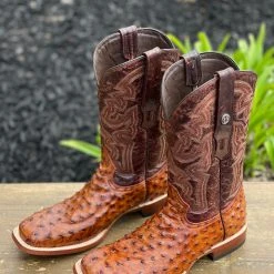 Ariat Tanner Mark Cognac Ostrich Print Wide Square Toe Cowboy Boot