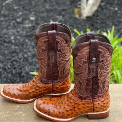 Ariat Tanner Mark Cognac Ostrich Print Wide Square Toe Cowboy Boot