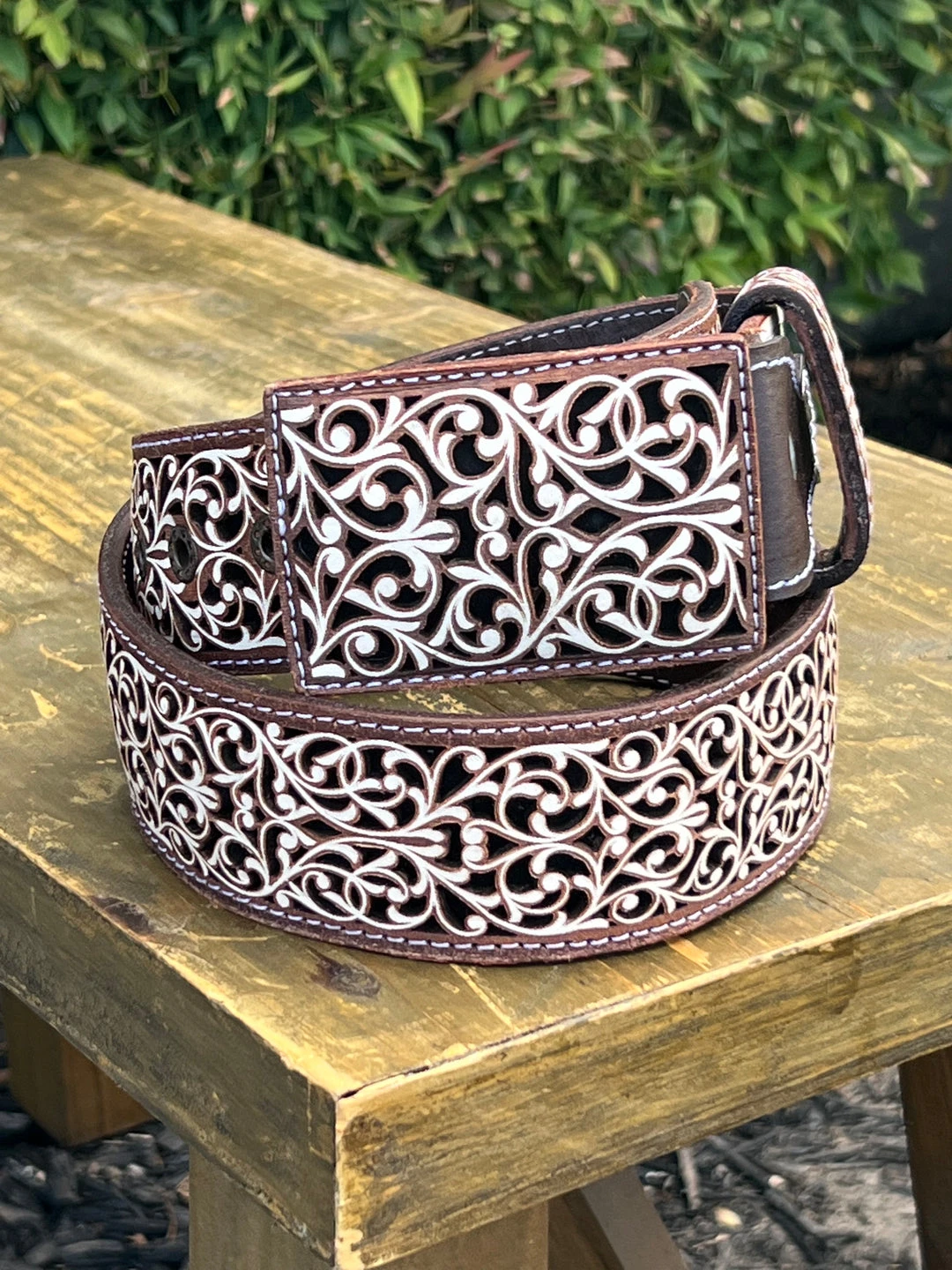 Guadalajara Western Wear Flor Lazer Cut Leather Belt - Cafe (Brown) / Blanco (White) 3 Guadalajara Western Wear Flor Lazer Cut Leather Belt - Cafe (Brown) / Blanco (White)