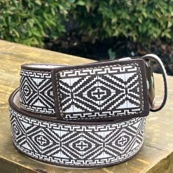 Guadalajara Western Wear Men Flor Lazer Cut Leather Belt - Cafe (Brown) / Blanco (White)