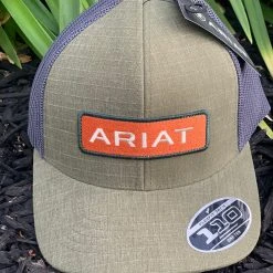 Guadalajara Western Wear Accessories Ariat Olive And Orange Logo Meshback Cap