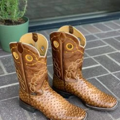 Reywelt Men Reyme Honey Ostrich Print Leather Sole Wide Square Toe Cowboy Boot