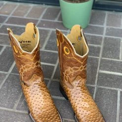 Reywelt Men Reyme Honey Ostrich Print Leather Sole Wide Square Toe Cowboy Boot