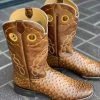 Reywelt Men Reyme Honey Ostrich Print Leather Sole Wide Square Toe Cowboy Boot