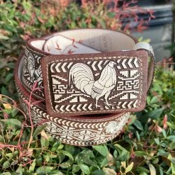 Guadalajara Western Wear Gallo Lazer Cut Leather Belt - Cafe (Brown) / Blanco (White)