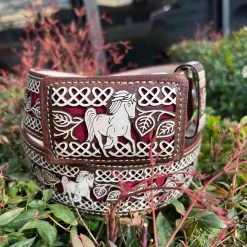Guadalajara Western Wear Caballo Lazer Cut Leather Belt - Cafe (Brown) / Blanco (White)/ Rojo (Red) Men