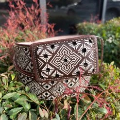 Guadalajara Western Wear Aztec Lazer Cut Leather Belt - Cafe (Brown) / Blanco (White)