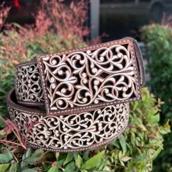 Guadalajara Western Wear Flor Lazer Cut Leather Belt - Cafe (Brown) / Blanco (White)