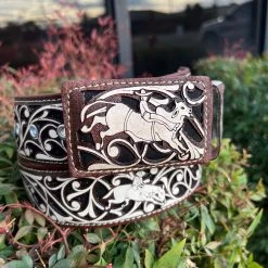 Guadalajara Western Wear El Toro Lazer Cut Leather Belt - Cafe (Brown) / Blanco (White) Men