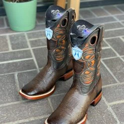 Guadalajara Western Wear Men Wild West Faded Brown Ostrich Belly Wide Square Toe Cowboy Boots