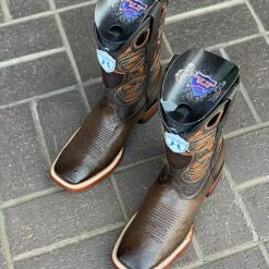 Guadalajara Western Wear Men Wild West Faded Brown Ostrich Belly Wide Square Toe Cowboy Boots