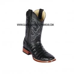 Guadalajara Western Wear Los Altos Black Pieced Vamp Caiman Belly Wide Square Toe Cowboy Boots