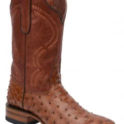 Guadalajara Western Wear White Diamond Ostrich Print Square Toe Men's Boots - Cognac