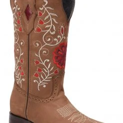 Guadalajara Western Wear White Diamond Brown/Red Floral Snip Toe Women Boot