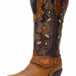 Guadalajara Western Wear White Diamond Brown Floral Semi Oval Toe Women Boot