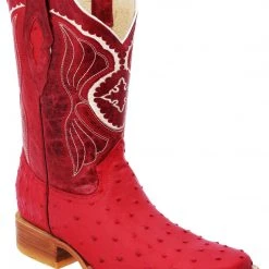 Guadalajara Western Wear White Diamond Ostrich Print Semi Square Toe Men's Boots - Red