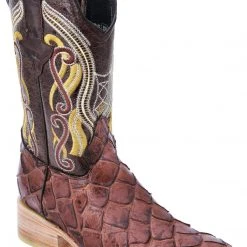 Guadalajara Western Wear White Diamond Pirarucu Print Square Toe Men's Boots - Cognac