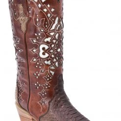 Guadalajara Western Wear White Diamond Brown Python Snip Toe Women Boot