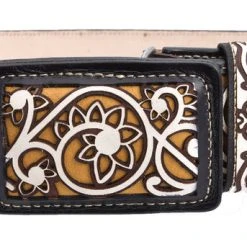 Guadalajara Western Wear Men White Diamond Lazer Cut Leather Belt - Negro Blanco