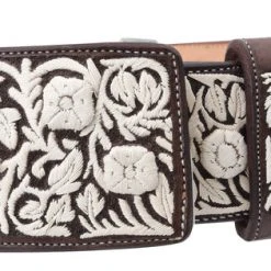 Guadalajara Western Wear White Diamond Piteado Fino Leather Belt - Cafe Men
