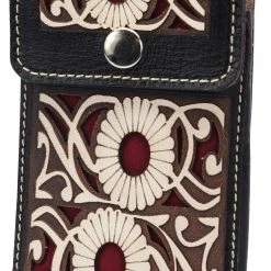 Guadalajara Western Wear Accessories White Diamond Lazer Tooled Leather Cell Phone Case - Negro