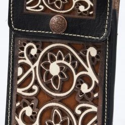 Guadalajara Western Wear White Diamond Lazer Tooled Leather Cell Phone Case - Negro